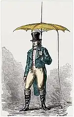 Umbrella fitted with lightning conductor, designed by Jacques Barbeu-Dubourg. 18th century engraving