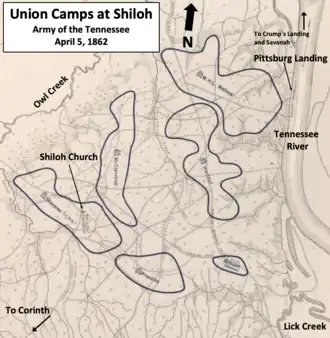 map showing Union camps between Shiloh Church and Pittsburg Landing on the Tennessee River, with camps of Sherman and Prentiss being closest to Corinth