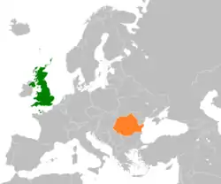 Map indicating locations of United Kingdom and Romania