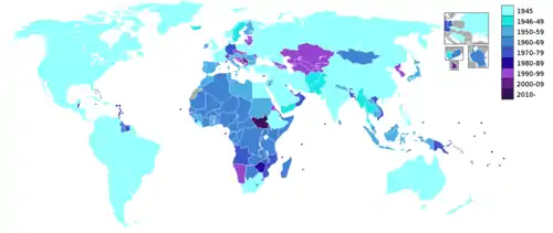 A map of the world with countries displayed in colours corresponding to the dates the countries joined the United Nations. Countries not involved with the United Nations are shown in grey.