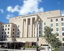 Columned facade of a building.