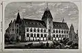 Wood engraving of the Oxford University Museum with the smaller octagonal Abbot's Kitchen building on the right, by W. E. Hodgkin (1855)