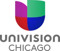 The Univision network logo, a 3D compilation of purple, red, green and blue elements that loosely form the letter U. Underneath are the words "Univision" and "Chicago" in two lines in a gray sans serif, with the name "Univision" in unicase.