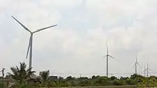 Close-up view of the turbines at Uppudaluwa Wind Farm.