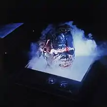 A low-resolutation videp tape record of a demonic monster head coming out of a glowing hole of smoke