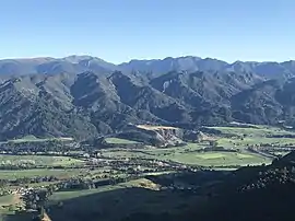 View of the Tākaka valley from Harwood Lookout on Tākaka Hill, with the settlement of Upper Tākaka bottom left