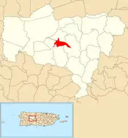 Location of Utuado barrio-pueblo within the municipality of Utuado shown in red