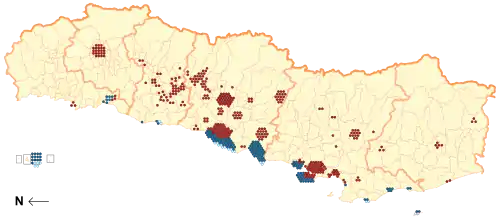 Geographic distribution of the death toll (red: caused by the earthquake; blue: caused by the tsunami).