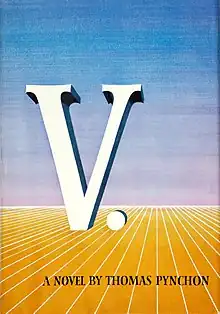 Book cover illustration of the letter "V." on an abstract horizon