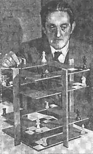 newspaper photograph of V. R. Parton demonstrating 3D chess