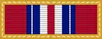 Width-44 Old Glory red ribbon surrounded by gold frame. The ribbon has a central width-3 Old Glory red stripe flanked by pairs of stripes that are respectively width-3 white, width-3 ultramarine blue, width one-half white and width-2 ultramarine blue.