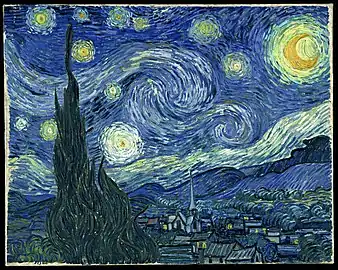 The Starry Night by Vincent van Gogh, features orange stars, an orange Venus, and an orange Moon (1889)