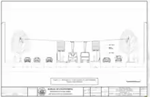 A cross section diagram of a street. From left to right are a sidewalk, a parking lane, two general travel lanes, a bus platform, two bus lanes, a bus platform, two general travel lanes, and a sidewalk.