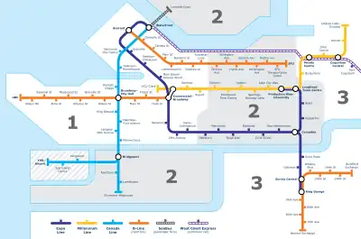 Map of Vancouver's transit lines in 2016, showing Canada Line in sky blue