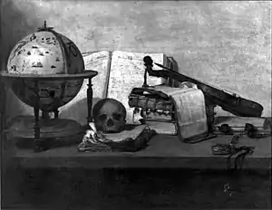 In style of Jan Davidsz. de Heem: Vanitas still life with books, a globe, a skull, a violin and a pocket watch c. 1650, stolen from the Montreal Museum of Fine Arts in 1972