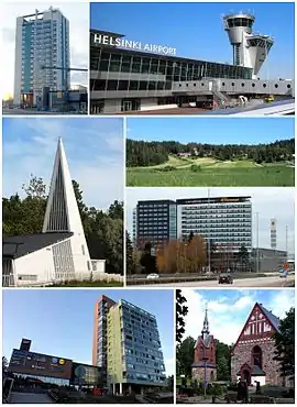 Clockwise from top-left: Kielotorni in Tikkurila, Helsinki Airport, Sotunki, Flamingo and Jumbo shopping centers, the Church of St. Lawrence, Ostari shopping center in Martinlaakso, and the Vaarala Church.