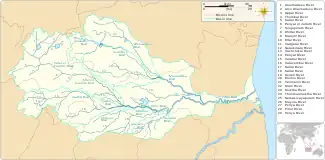 Map showing the watershed of the Vellar River, along with the courses of the river and its tributaries, including the Manimuktha