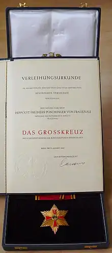 Verleihungsurkunde zum Großkreuz des Verdienstordens der Bundesrepublik Deutschland