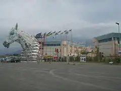 A float being towed out of the Cittadella del Carnevale.