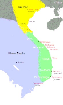 A map of the region of southeast Asia that contains the modern day states of Vietnam, Laos, and Cambodia, divided into three sections. The northern half of modern-day Vietnam, as well as some of southern China, is controlled by the Lý dynasty. South of Lý is a strip of territory along the eastern coast controlled by the Champa. The rest of the peninsula is controlled by the Khmer Empire.