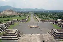 Image 56Teotihuacan view of the Avenue of the Dead and the Pyramid of the Sun, from the Pyramid of the Moon (from History of Mexico)