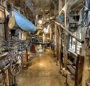 Inside the Mercer Museum. Pieces hang from the ceiling and walls.