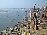 Small boats on the Ganges, seen from above