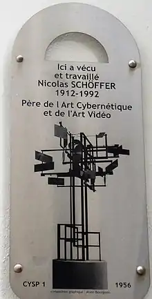 Nicolas Schöffer memorial plaque at the gate to the Villa des Arts, Montmartre