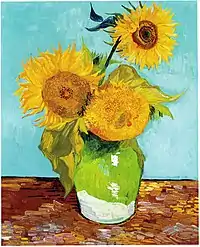 Sunflowers (F453), first version: turquoise backgroundOil on canvas, 73.5 × 60 cmPrivate collection