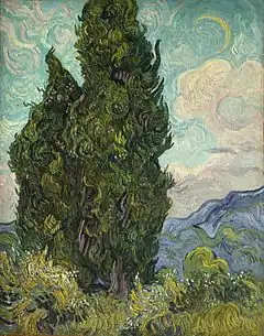 A painting of two large cypress trees, under a late afternoon sky, with a crescent moon