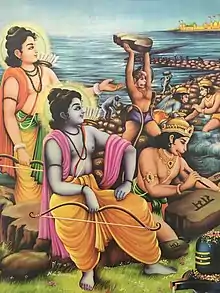 A 20th-century painting depicting a scene from Ramayana, wherein Vanaras are shown building a bridge to Lanka