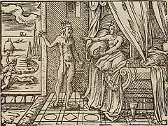 Morpheus appears to Alcyone. Engraving by Virgil Solis for Ovid's Metamorphoses Book XI, 650–749.