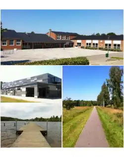 Clockwise: Virklund School, nature trail towards Silkeborg, view from Thorsøbad and Virklund Fritidscenter