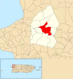 Location of Voladoras within the municipality of Moca shown in red