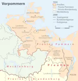 Current (grey lines) and historical (coloured areas) administrative division of Vorpommern. Historically, the Oder formed the eastern border of Western Pomerania[citation needed]