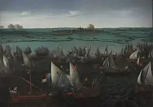 A large group of small sailing ships and galleys engaged in battle on an inland sea with a walled town and farmland in the background