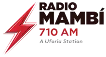 A red lightning bolt. Next to it, black text "Radio Mambí", then red text "710 AM", then gray text "A Uforia Station".