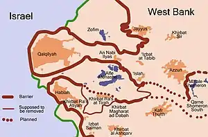 Map of the path of the separation barrier around the Qalqilya and Hableh-Ras Atiya enclaves