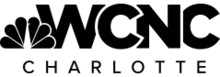 The NBC peacock (in black) and the letters WCNC, overlapping each other. The first C sits atop the W and the N, and the N sits atop the C. Beneath both is the word "CHARLOTTE".