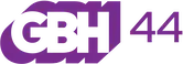 In purple, the letters "GBH" with drop shadows to the lower left and upper right, next to a smaller, thinner "44".