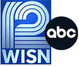 In a dark blue box, a numeral "12" appears, with both numbers rendered in three thick striped lines placed close together; the "1" is curved to the right towards the top, while the "2" is rendered using three horizontal straight lines on the bottom, and three curved lines nearly circular and then flattening against the bottom element for the top which do not meet. Below the numeral, the station's call letters, "WISN" appear. Next to the logo on the right, the blue version of ABC's 2013 logo is rendered in a subtle gloss.