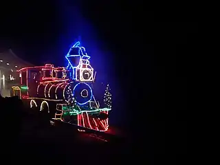 The Washington Park and Zoo Railway's #1 Steam locomotive decorated for Christmas.