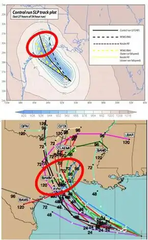 Two subset images showing forecast tracks directed towards Southeast Texas and Southwest Louisiana