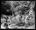 Sightseers in the Wainui River and another small waterfall visible from the Wainui Falls Track (not Wainui Falls). Late 1800s or early 1900s. From the Tyree Collection.