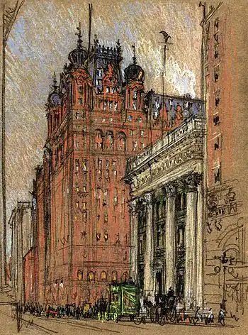 The Waldorf-Astoria at its original location, Fifth Avenue and 34th Street.  Drawing by Joseph Pennell, c. 1904-08.