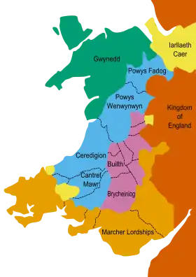 Coloured map depicting Wales (adjacent to the Kingdom of England, coloured dark orange) following the Treaty of Montgomery of 1267. Gwynedd, Llywelyn ap Gruffudd's principality, is green; the territories conquered by Llywelyn are purple; the territories of Llywelyn's vassals are blue; the lordships of the Marcher barons are shown as light orange; and the lordships of the King of England are shown in yellow.