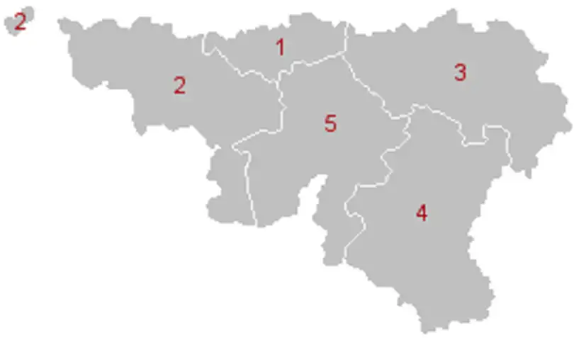 The five provinces of Wallonia: Walloon Brabant (1), Hainaut (2), Liège (3), Luxembourg (4),  Namur (5).