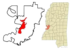 Location of Vicksburg in Warren County, Mississippi (left) and of Warren County in Mississippi