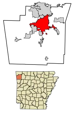 Location of Fayetteville in Washington County, Arkansas.