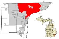 Map of Wayne County highlighting City of Detroit (County seat) in red.